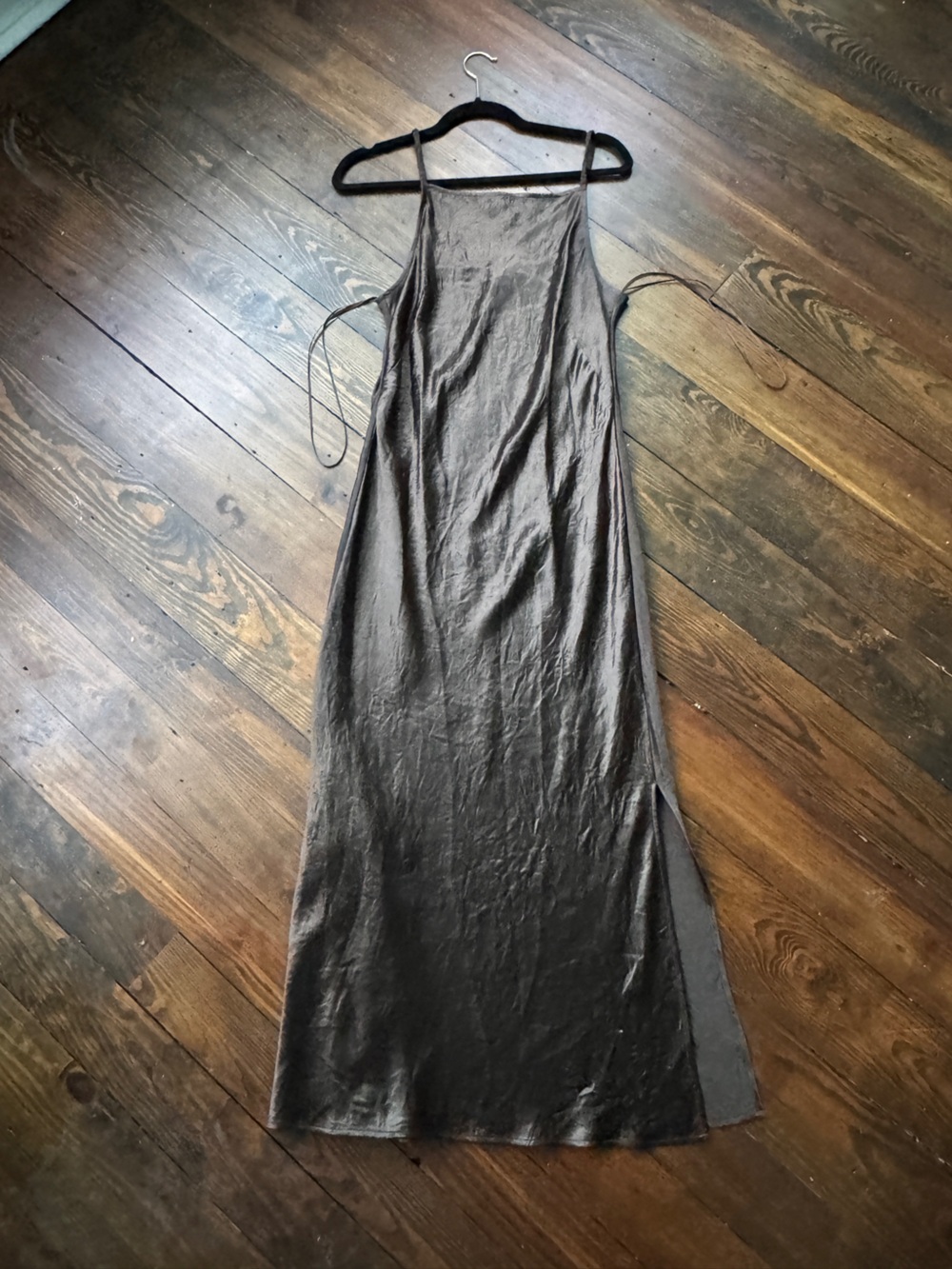 Closed Brown Midi Slip Dress with Adjustable Straps